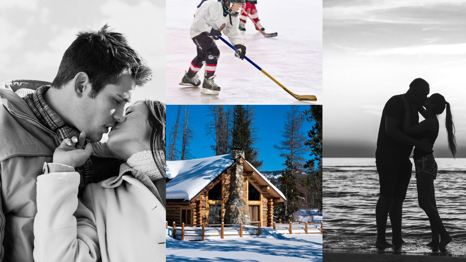 photo montage for the 10 years later bonus story. A couple kissing in winter, a girl playing hockey, a cabin in the forest, covered in snow, and a couple kissing next to the ocean at sunset.